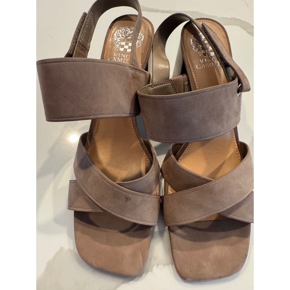 Vince Camuto Taupe Suede‎ Block Heel Sandals Square Toe Slingback Womens 12M